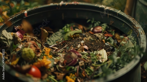 A compost bin filled with organic waste like vegetable peels and coffee grounds