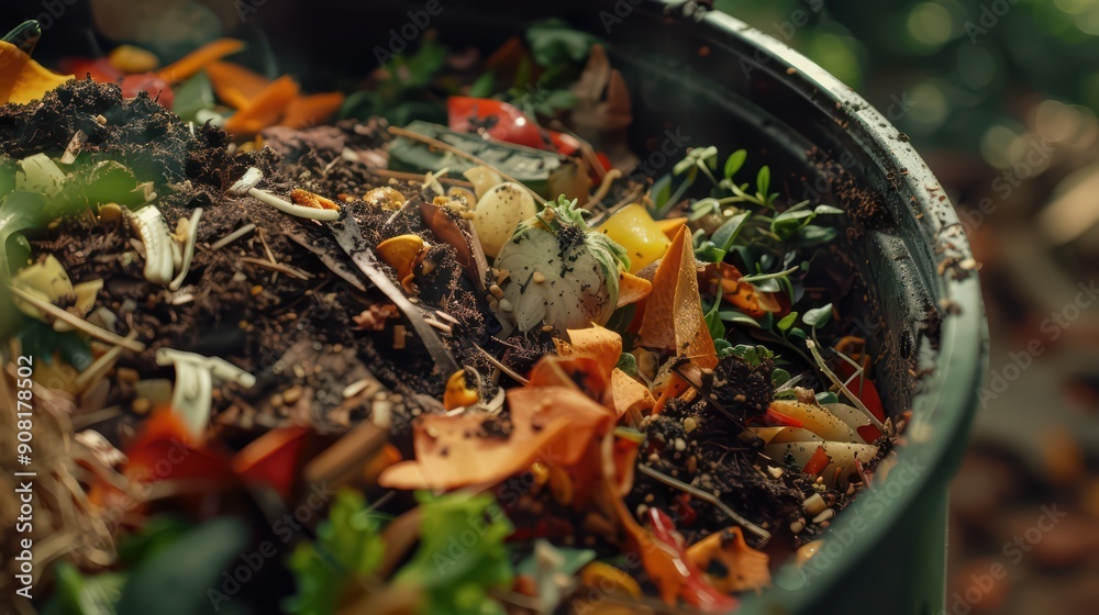 A compost bin filled with organic waste like vegetable peels and coffee grounds