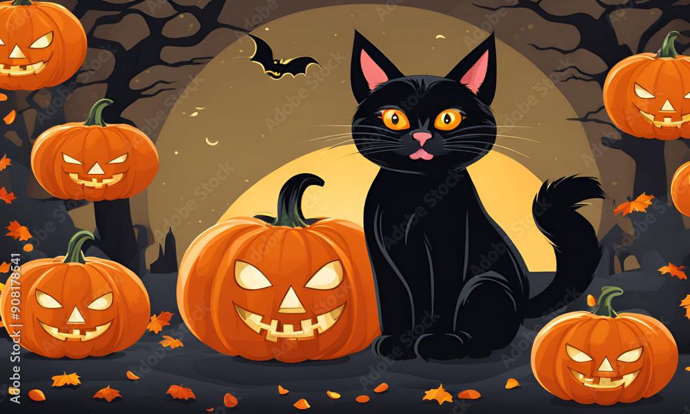 Black Cat with Pumpkin Jack-O'-Lanterns on Halloween Night