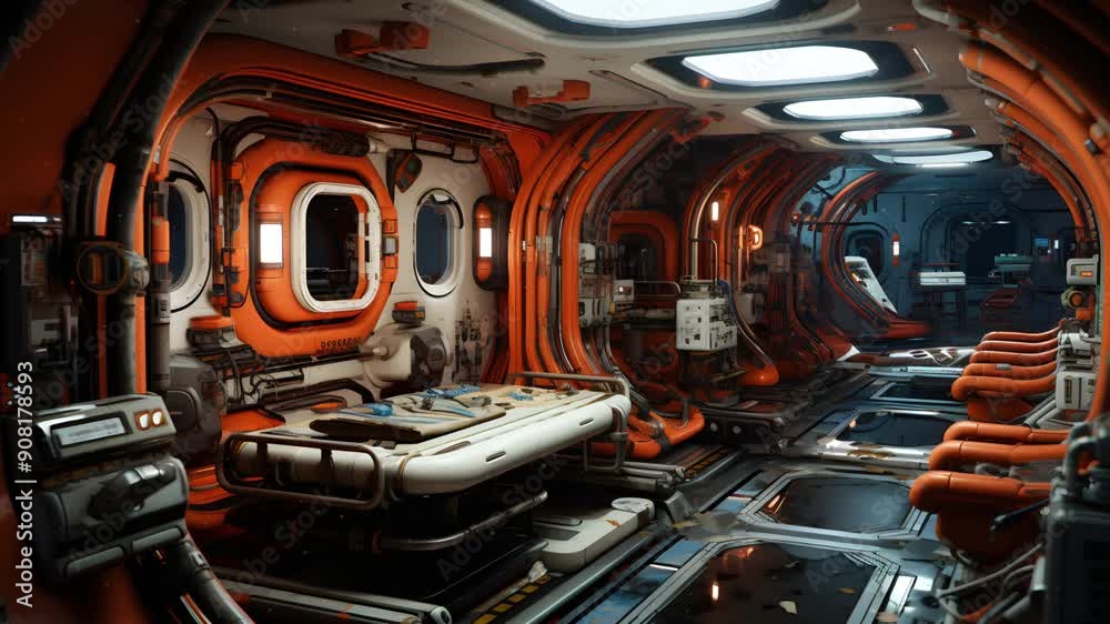 A futuristic medical bay with orange and white accents. The room features a bed, medical equipment, and a waiting area. A futuristic medical bay with orange and white accents. The room features a bed, medical equipment, and a waiting area.
