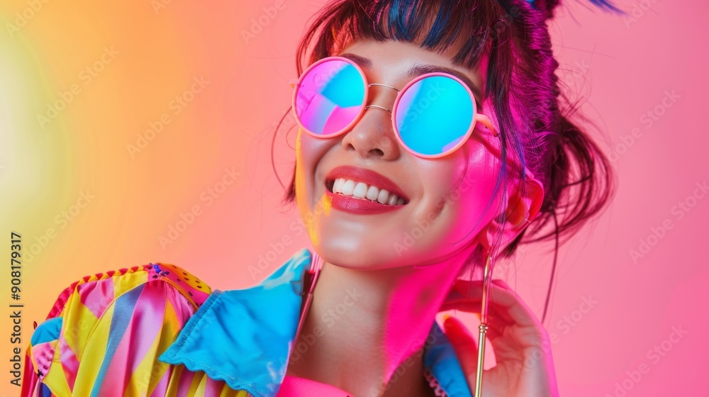 Close-up Portrait of a Smiling Woman with Pink Sunglasses, Colorful Clothing, and Pink and Yellow Lighting, fashion, portrait, sunglasses, vibrant