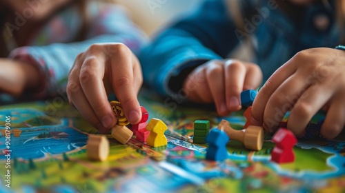 Close-up of Kids' Hands Playing a Board Game with Colorful Wooden Pieces, Board Game, Family Time, Kids, Fun , board game, family time