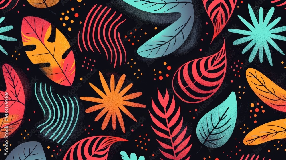 Vibrant Leaf Pattern in Bold Colors on Dark Background Vibrant Leaf Pattern in Bold Colors on Dark Background