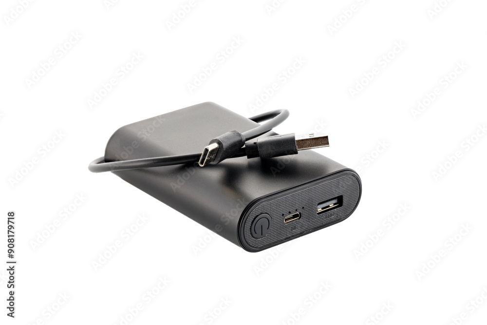 Additional self-contained external battery for charging mobile and other device. Power bank isolated on white background. Stylish charger (rechargeable battery). Full depth of field. Additional self-contained external battery for charging mobile and other device. Power bank isolated on white background. Stylish charger (rechargeable battery). Full depth of field.
