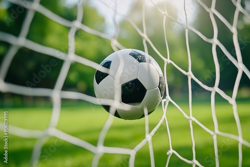 soccer ball in goal with green background