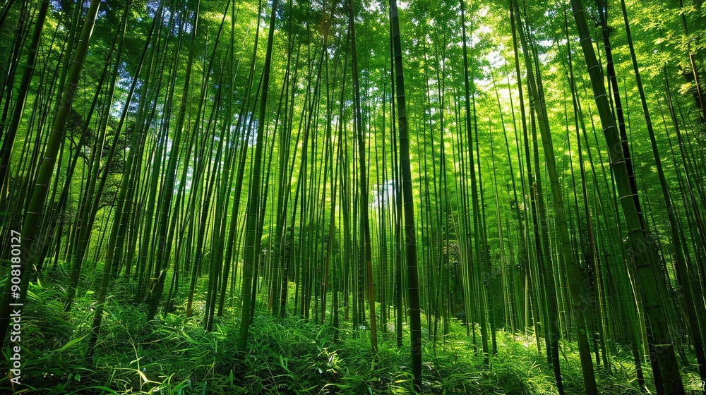 A verdant forest brims with towering, slender bamboo trees adorned with lush green foliage on their crowns A verdant forest brims with towering, slender bamboo trees adorned with lush green foliage on their crowns