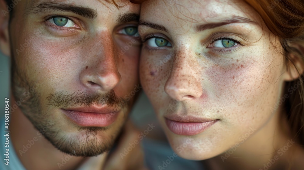 Intimate Close-Up Portrait of a Couple, Captured in Soft Natural Light, Highlighting Freckles and Emotional Connection Intimate Close-Up Portrait of a Couple, Captured in Soft Natural Light, Highlighting Freckles and Emotional Connection