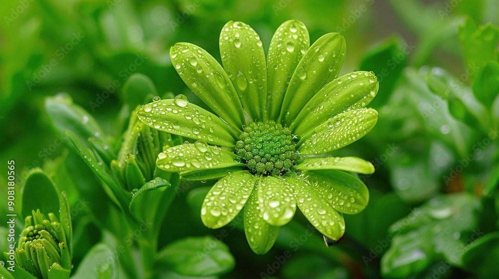 A close-up of a green flower with water droplets on its petals and green leaves in the background A close-up of a green flower with water droplets on its petals and green leaves in the background