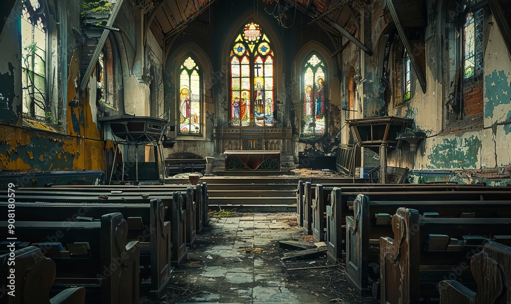 Decrepit church interior: Dilapidated pews, stained glass windows, spiritual decay in abandoned religious building Decrepit church interior: Dilapidated pews, stained glass windows, spiritual decay in abandoned religious building