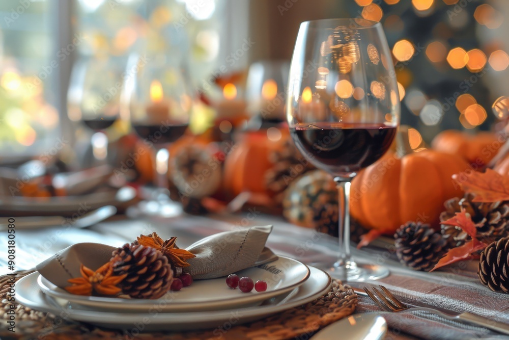 Autumn Table Setting With Wine, Pumpkins, and Warm Decor Autumn Table Setting With Wine, Pumpkins, and Warm Decor