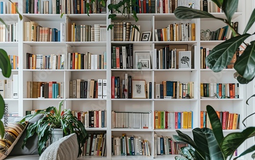 Wallpaper Mural Bookshelves with books and plants in cozy living room at home Torontodigital.ca