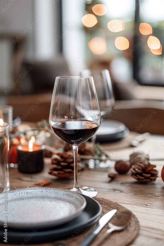 Elegant Autumn Table Setting With Wine and Candles in Cozy Dining Space Elegant Autumn Table Setting With Wine and Candles in Cozy Dining Space