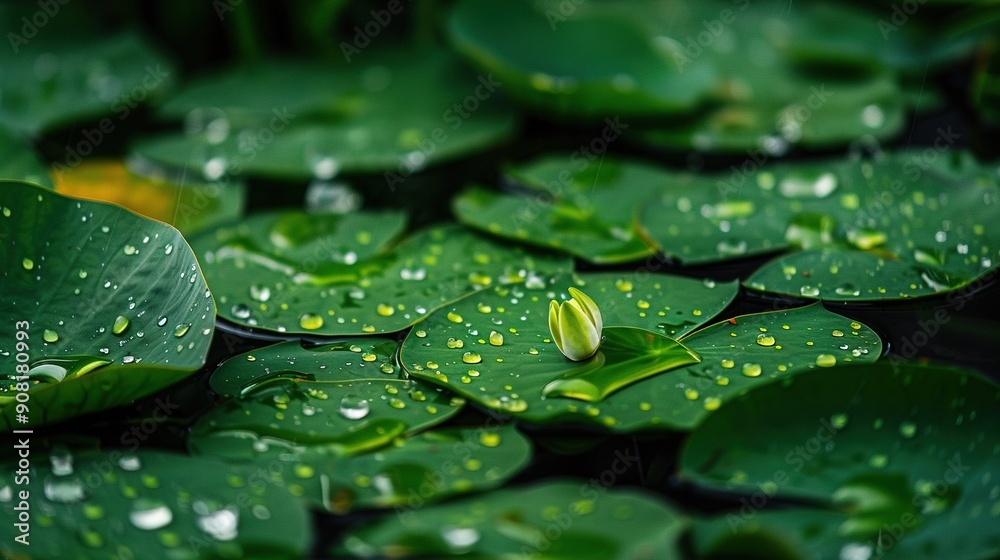 Water lilies close-up, dew-covered leaves Water lilies close-up, dew-covered leaves