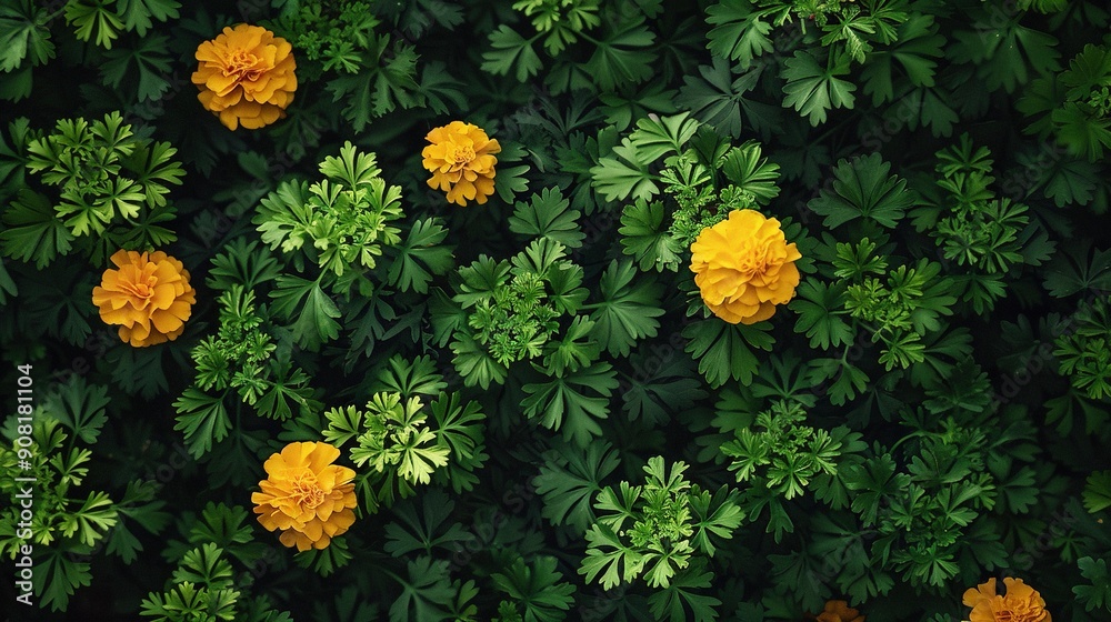 A cluster of sunflowers perched atop a verdant canopy blanketed by numerous emerald foliage A cluster of sunflowers perched atop a verdant canopy blanketed by numerous emerald foliage