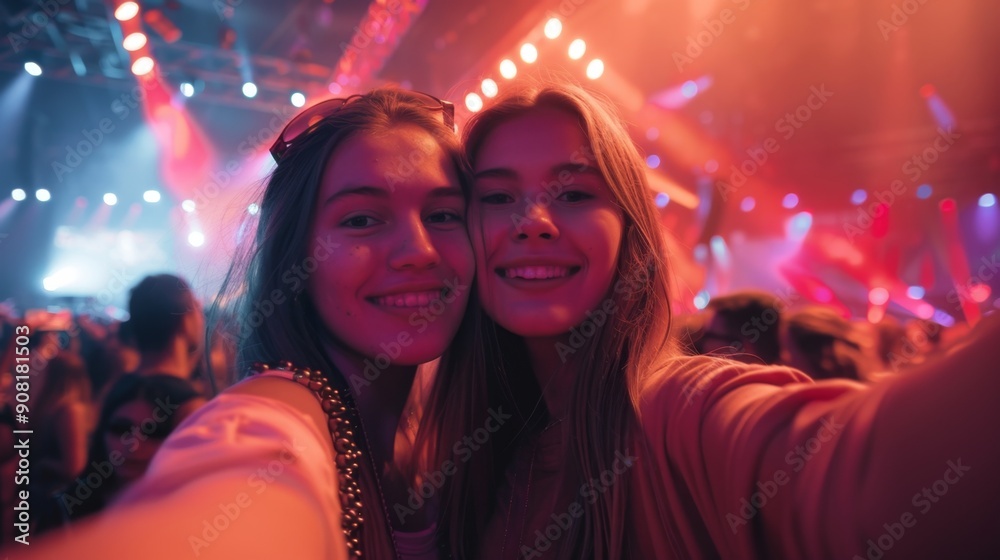 Smiling friends selfie at concert, bright lights, girls, red, concert, friends, fun