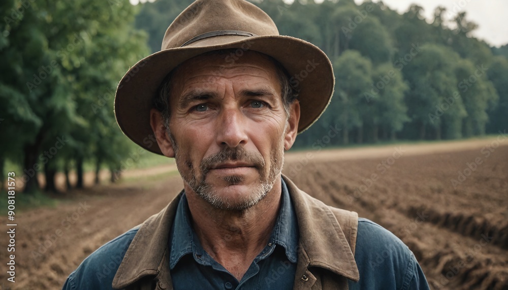 Middle-aged farmer in front of fields and trees, wearing a farmer's hat Middle-aged farmer in front of fields and trees, wearing a farmer's hat