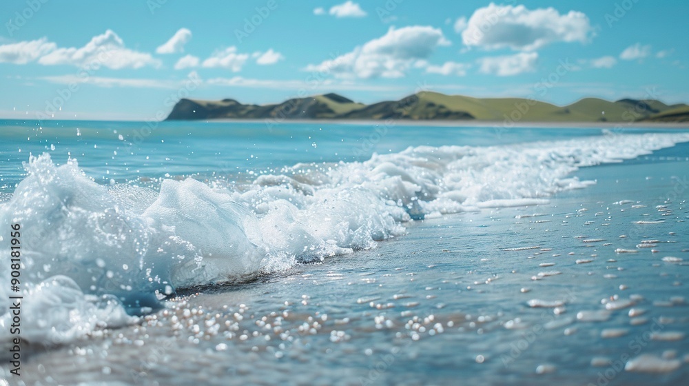 Fototapeta premium A zoomed-in image of a wave breaking on a beach with surrounding hills
