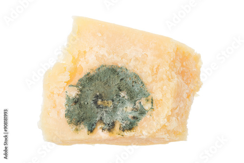 moldy parmesan cheese isolated on white background. Top view. Flat lay