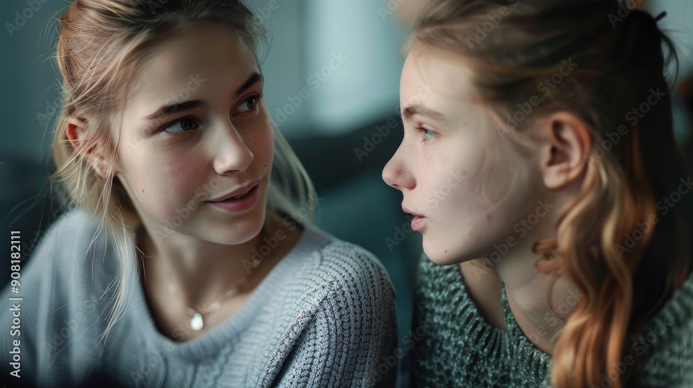 Two Young Women in Close Conversation, Close-up Portrait, Indoor Setting, Friendship, Teenage, Girls Two Young Women in Close Conversation, Close-up Portrait, Indoor Setting, Friendship, Teenage, Girls