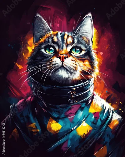 Fototapeta Cat portrait painting, Creative art style with thick brush strokes and random thick color lumps.
