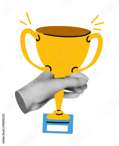 Halftone hand holding trophy cup trendy collage element. Business success, sport victory, goal achievement concept. Modern retro vector illustration isolated on transparent background
