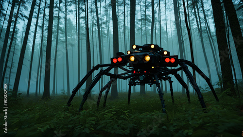 A mechanical spider in a forest background AI photo