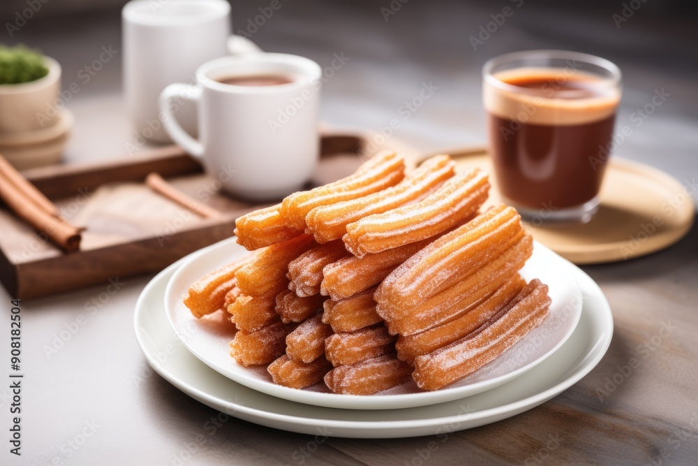 churros. sweet fried pastry made from choux pastry. Spain, breakfast. pastry. dissert. chocolate sauce. coffee. hot chocolate churros. sweet fried pastry made from choux pastry. Spain, breakfast. pastry. dissert. chocolate sauce. coffee. hot chocolate