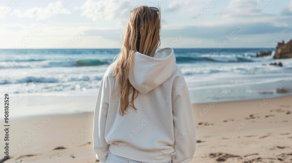 Woman in White Hoodie Facing the Ocean, Wide Shot, Back View, Sea, Sand, Coastal , beach Woman in White Hoodie Facing the Ocean, Wide Shot, Back View, Sea, Sand, Coastal , beach