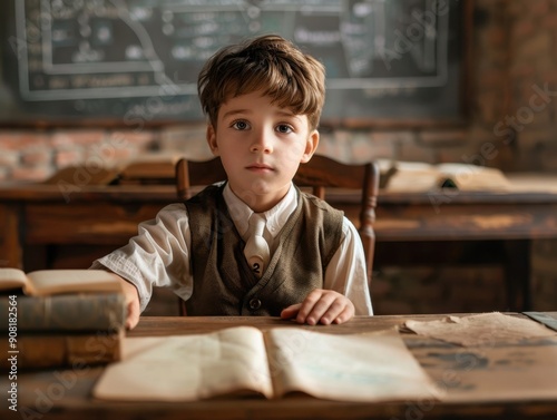 Young Boy in Vintage Attire Concentrating at Desk in Historic Classroom Setting