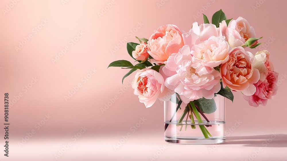 A vase brimming with countless pink blossoms on a pink surface, against a pink backdrop A vase brimming with countless pink blossoms on a pink surface, against a pink backdrop
