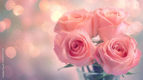   Pink roses in vase on table, lit background