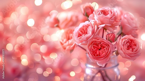   A vase containing pink roses rests atop a table beside a wall of soft lighting