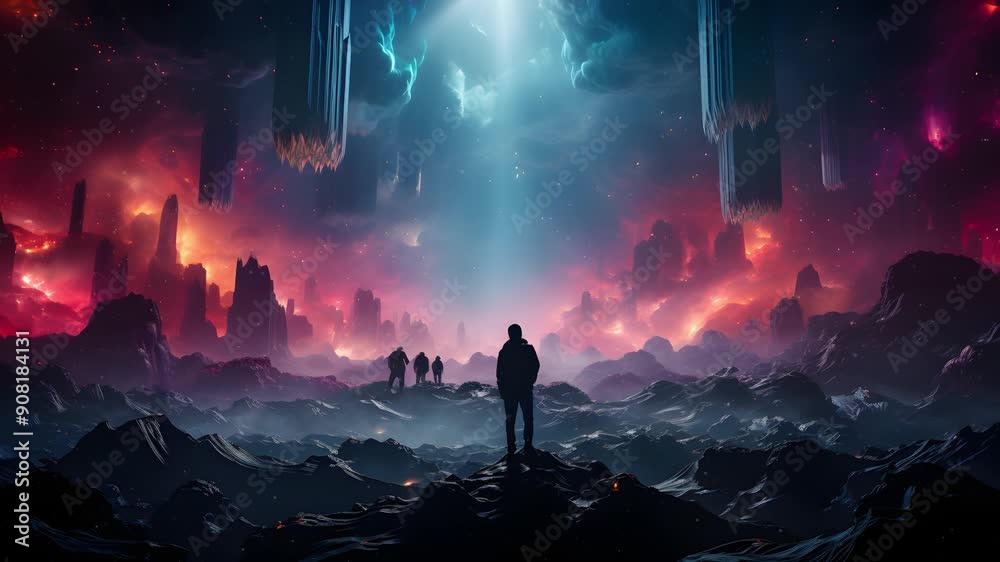 A group of silhouettes stand in a fantastical landscape of jagged cliffs, glowing fires, and strange, floating ice formations. They gaze up at a mysterious light in the sky. A group of silhouettes stand in a fantastical landscape of jagged cliffs, glowing fires, and strange, floating ice formations. They gaze up at a mysterious light in the sky.
