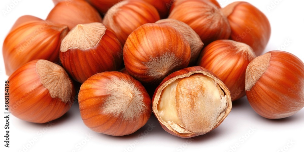 Fresh Whole Hazelnuts with One Cracked Open in a Close-up Shot