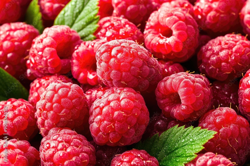 Close-up of Fresh Raspberries with Dew and Green Leaves in Bright Light Close-up of Fresh Raspberries with Dew and Green Leaves in Bright Light