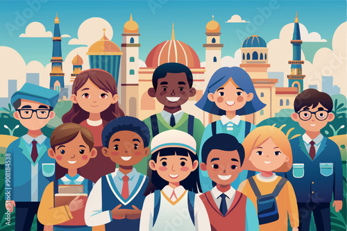 Group of children of different nationalities and genders vector illustration