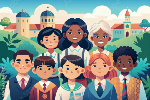 Group of children of different nationalities and genders vector illustration