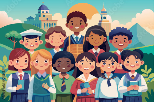 Group of children of different nationalities and genders vector illustration