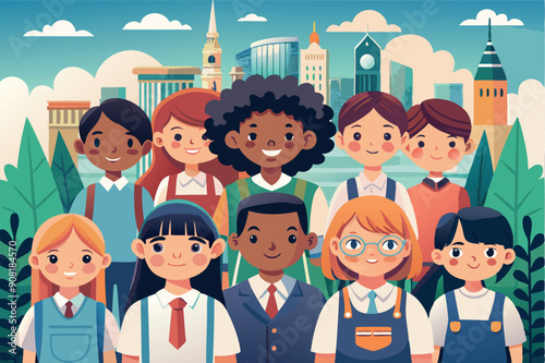 Group of children of different nationalities and genders vector illustration