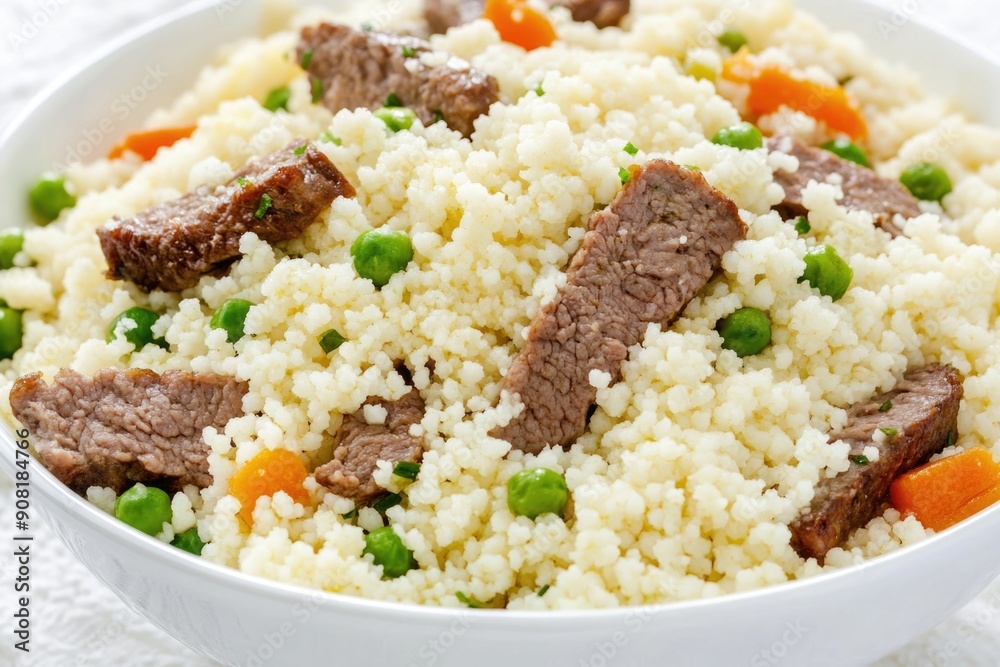 Fresh Couscous Salad with Grilled Beef, Peas, and Carrots in White Bowl Fresh Couscous Salad with Grilled Beef, Peas, and Carrots in White Bowl