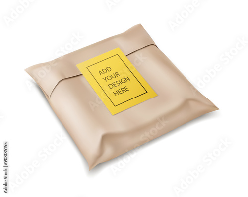 Kraft paper mailing bag with sticker. Mail envelope for international shipping. Parcel delivery. Packaging mockup isolated on white transparent background. Vector illustration.