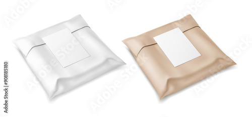 Kraft and white paper mailing bags with stickers. Mail envelopes for international shipping. Parcels delivery. Packaging mockups isolated on transparent background. Vector illustration.