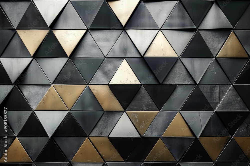 Modern wall with triangular metal tiles in black, grey and gold, creating an abstract pattern Modern wall with triangular metal tiles in black, grey and gold, creating an abstract pattern