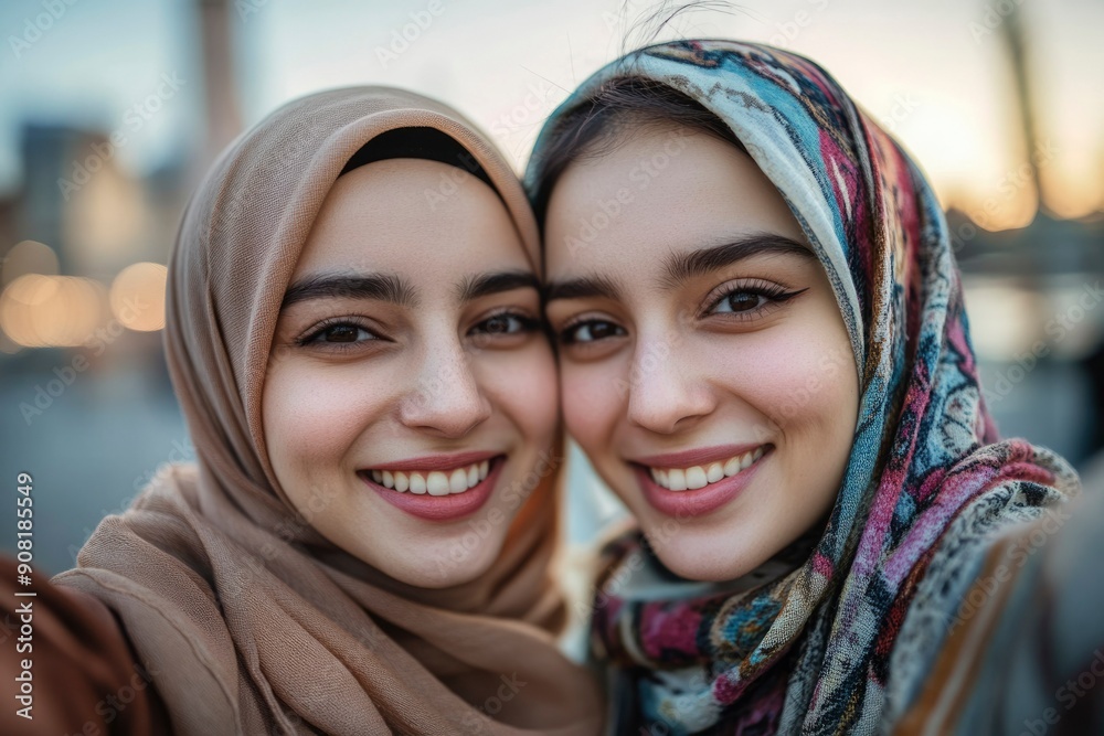 Two Young Women Wearing Hijabs Smiling at the Camera Two Young Women Wearing Hijabs Smiling at the Camera