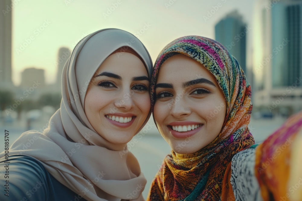 Two Smiling Women Wearing Hijabs in an Urban Setting Two Smiling Women Wearing Hijabs in an Urban Setting