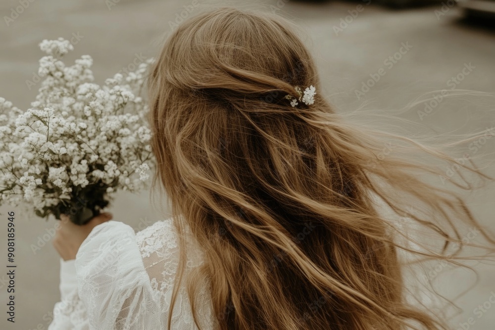 Serene Bride Holding Wildflower Bouquet with Flowing Hair in Outdoor Setting Serene Bride Holding Wildflower Bouquet with Flowing Hair in Outdoor Setting