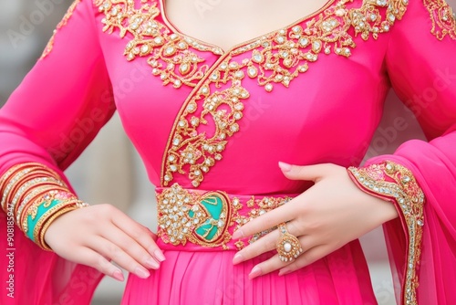 Elegant Woman in Pink and Gold Traditional Attire with Intricate Details photo