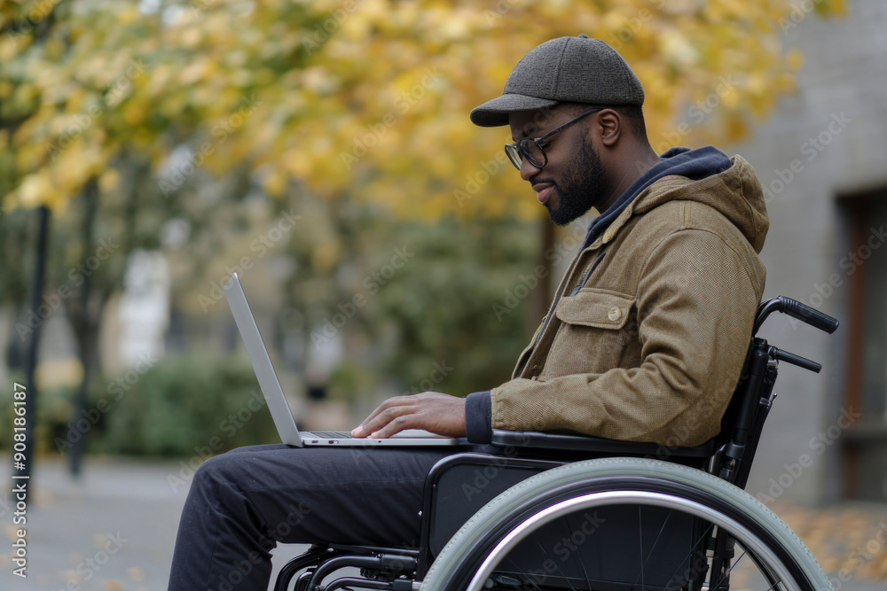custom made wallpaper toronto digitalMan in a Wheelchair Using a Laptop in an Autumn Setting