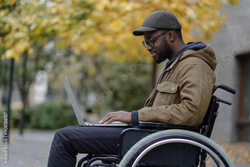 Wallpaper Mural Man in a Wheelchair Using a Laptop in an Autumn Setting Torontodigital.ca