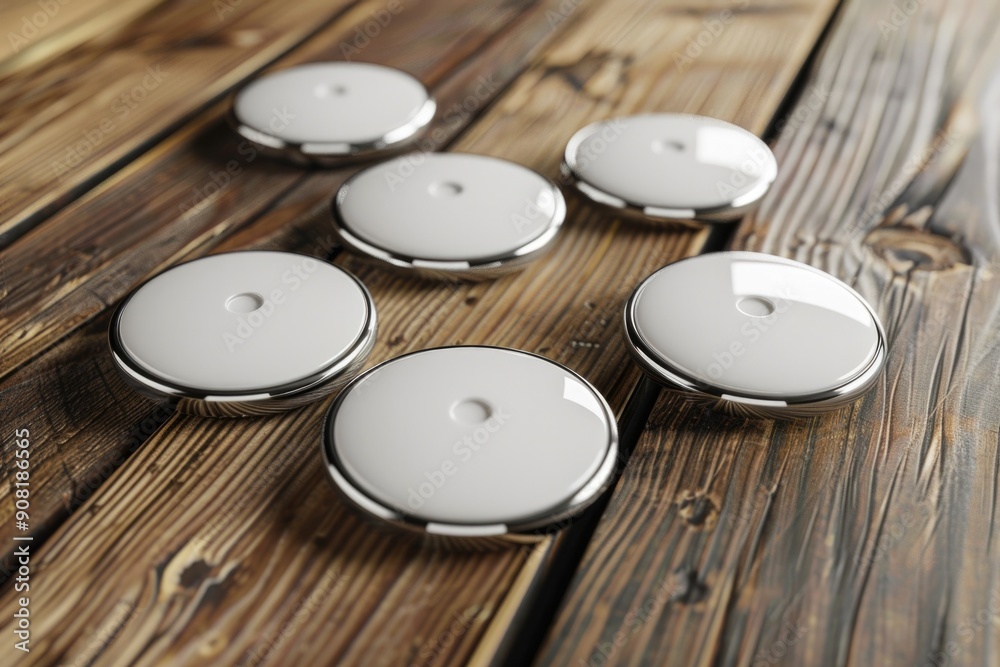 Button Pins. Blank Badge Mockup on White Wood with Shadows and Reflections Button Pins. Blank Badge Mockup on White Wood with Shadows and Reflections